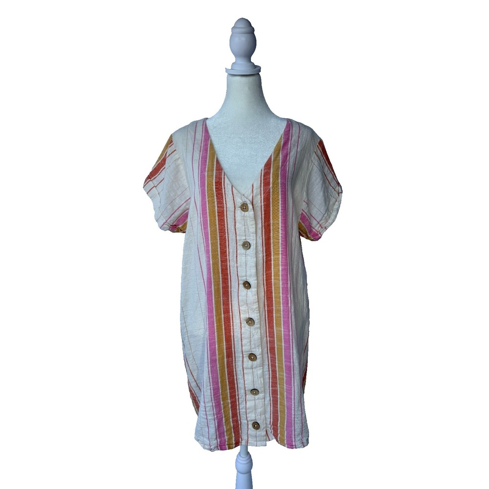 Rip Curl Striped Mini Dress Sz XL Button Front Cotton Beachy Coastal Cottagecore